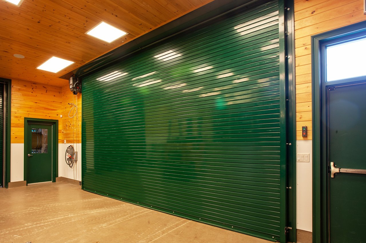 Large green garage door interior